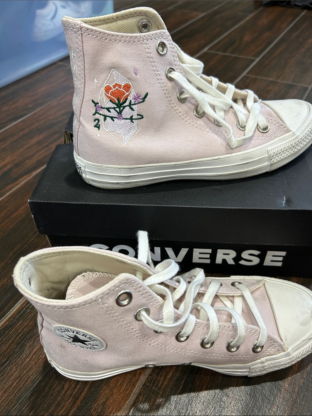 Converse Pink High-Top Canvas Sneakers with Embroidered Rose